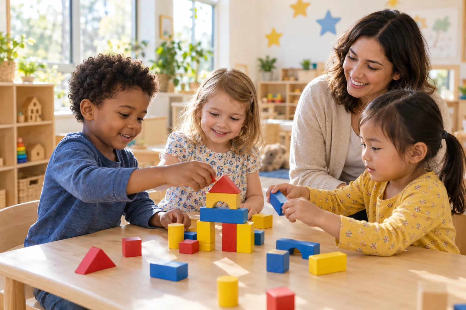 Preschool children exploring colorful building blocks with a teacher in a sunny classroom